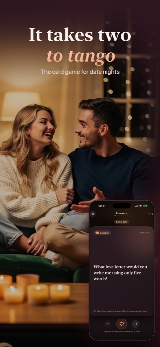 A Romance card in the app: What love letter would you write me using only five words?